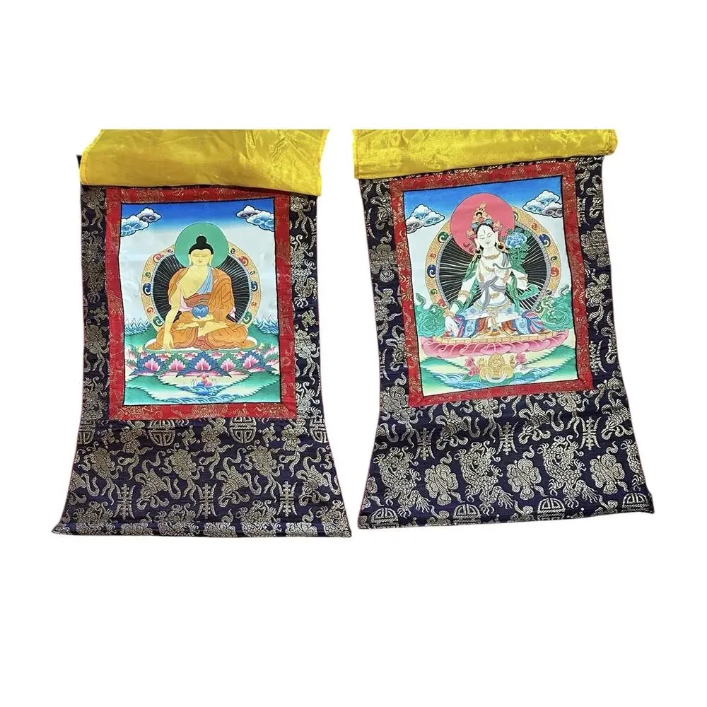 Tibetan Thangka Paintings Nepal Set of 2 Vairocana Buddha & White Tara 25.5x16.5 - Picture 3 of 10